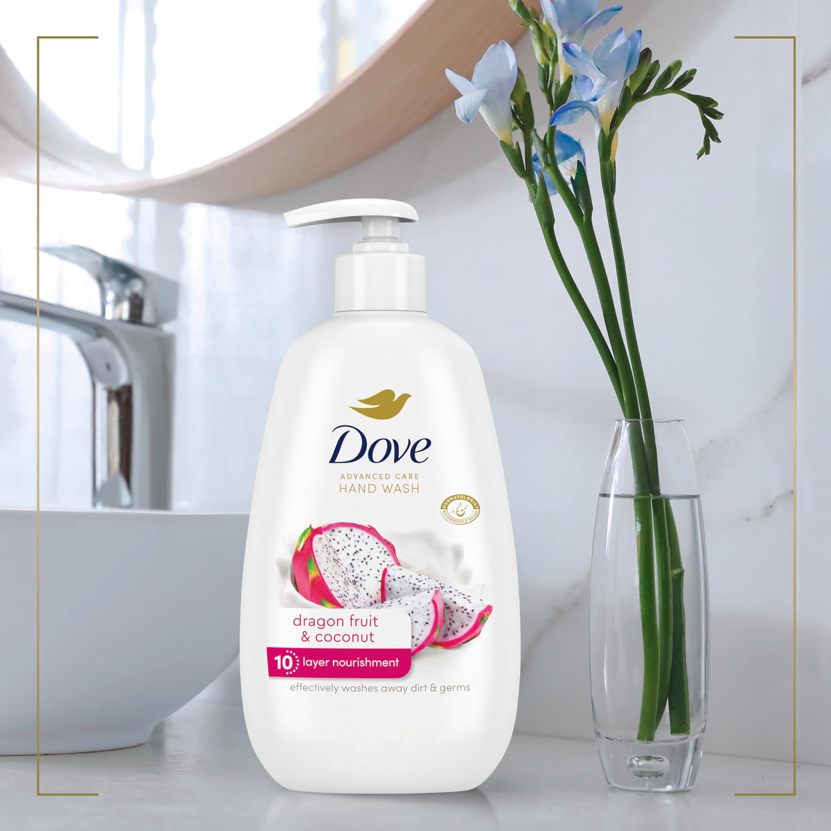 Dove hand wash in use at kitchen sink demonstrating effective cleansing