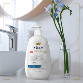 Dove hand wash in bathroom lifestyle scene promoting gentle daily hydration