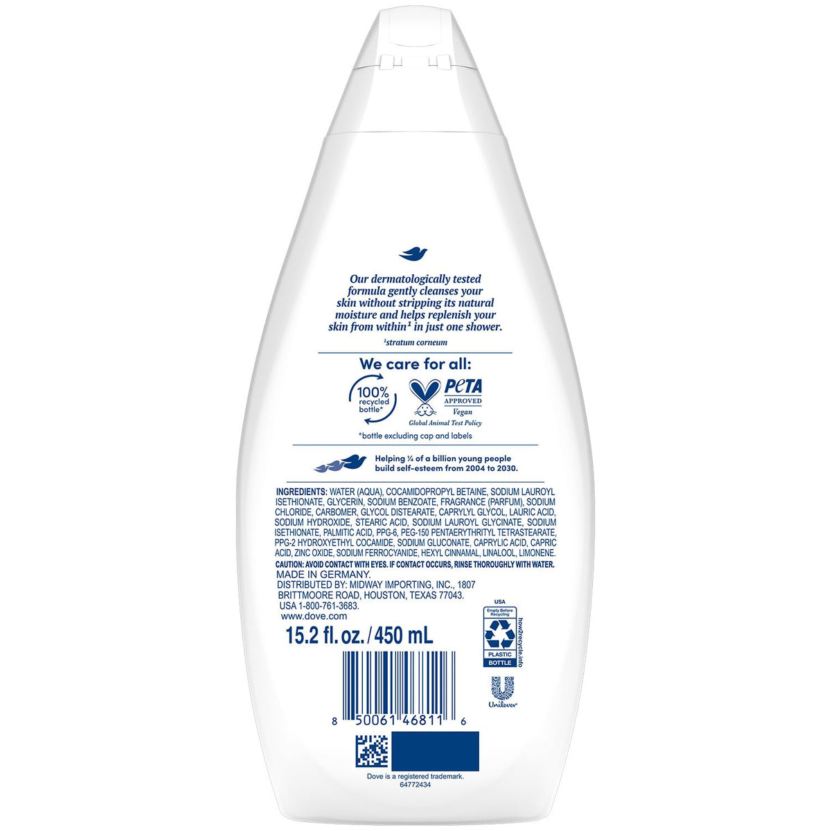 Dove back label close-up with ingredients and usage details for transparency