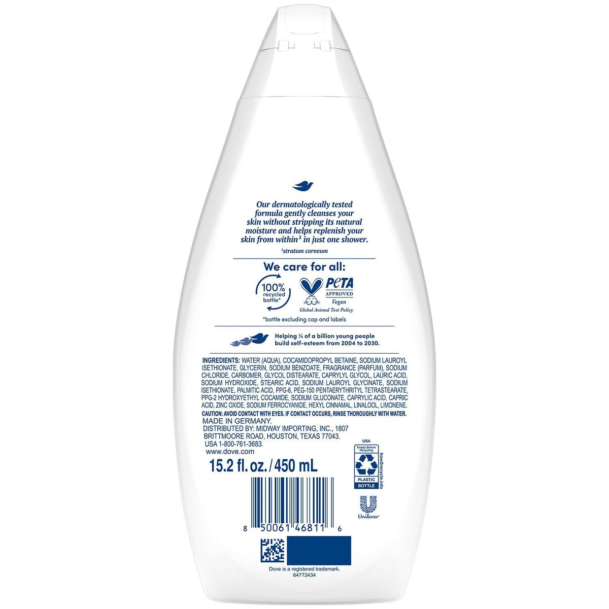 Dove back label with ingredient list and usage directions