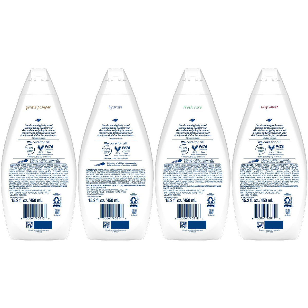Dove Hydrate bottle close-up label highlighting moisturizing benefits