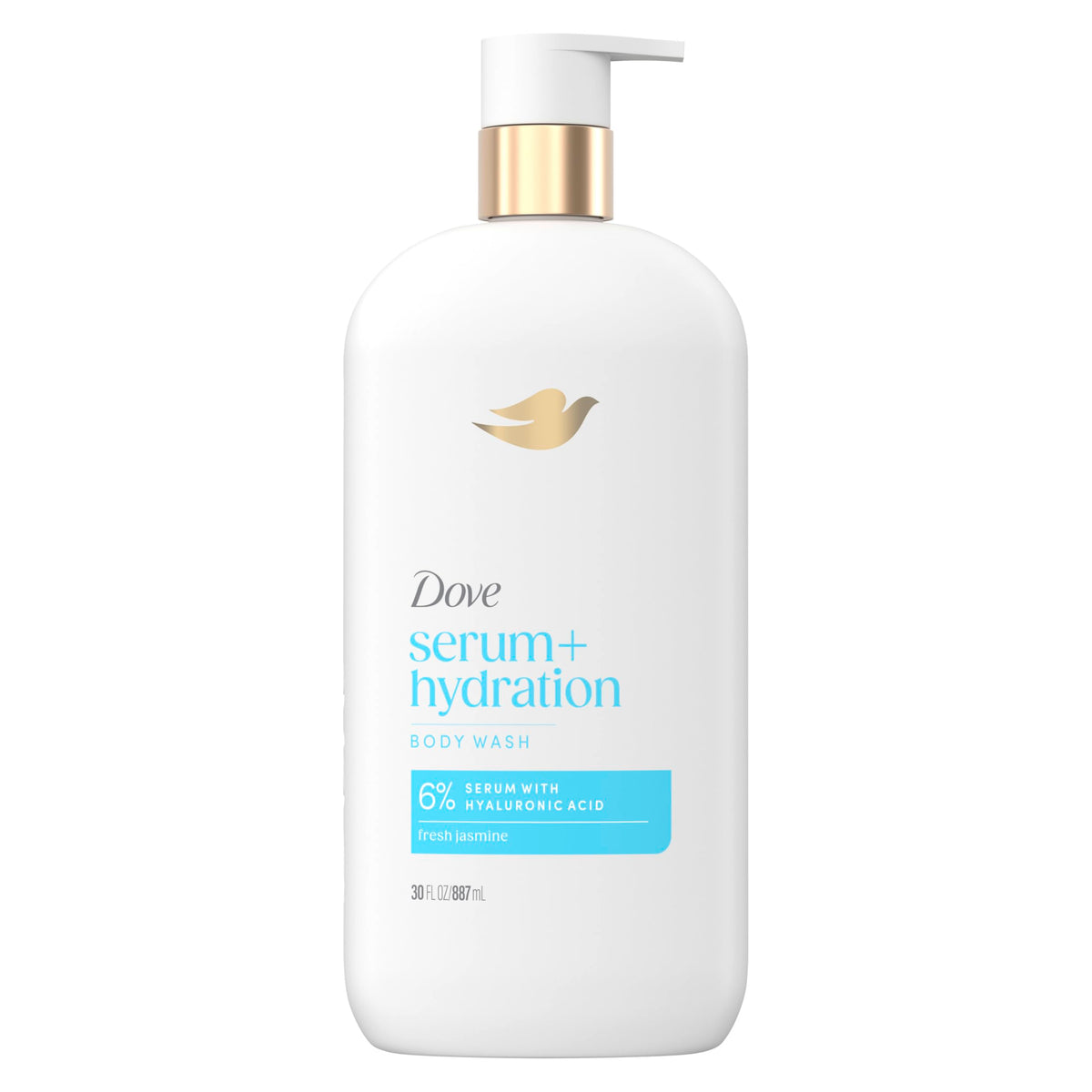 Dove front packaging of Hydration Boost Serum Body Wash showing size and label benefit