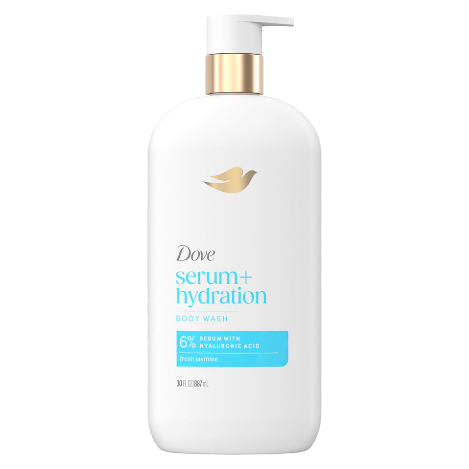 Dove front packaging of Hydration Boost Serum Body Wash showing size and label benefit