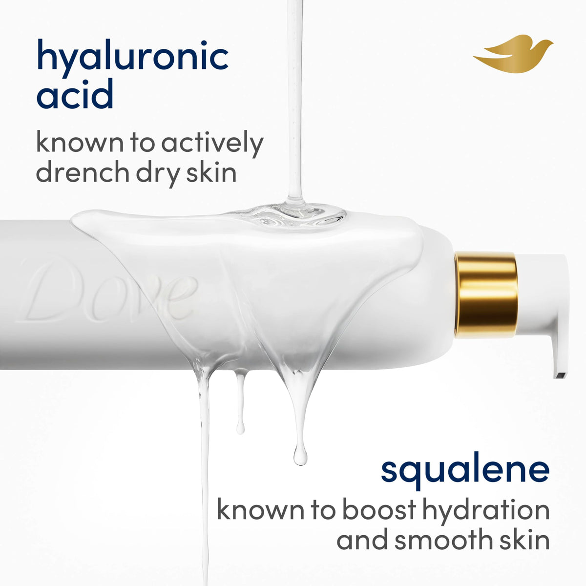 Visual concept of hyaluronic acid droplet with Dove branding showing moisture-boosting benefit