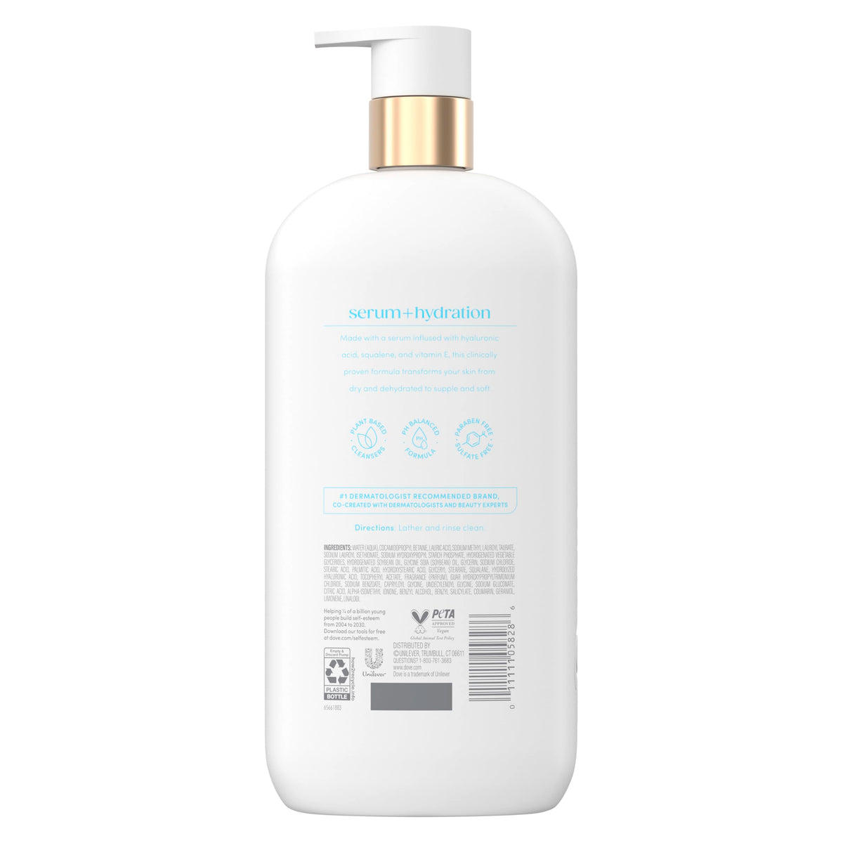 Dove bottle being dispensed showing the hydrating serum texture and easy use benefit