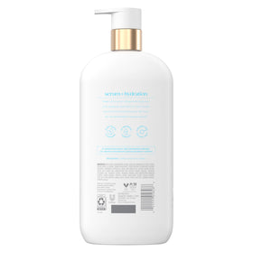 Dove bottle being dispensed showing the hydrating serum texture and easy use benefit
