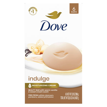 Dove Indulge front packaging shows six bars and moisturizing benefit