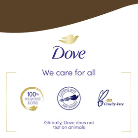 Coconut and cocoa butter ingredients near Dove bottle to show natural moisturizers