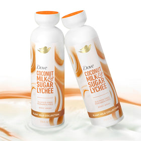 Dove ingredient label close-up highlighting plant milk blend and sulfate-free formula