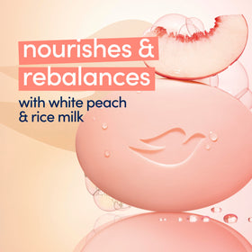 Dove imagery of white peach and rice representing nourishing ingredient benefit