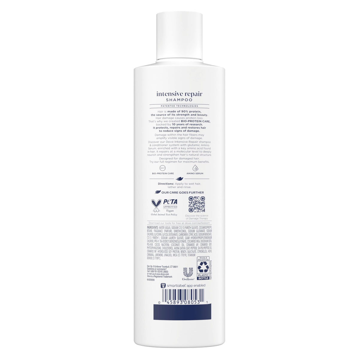 Dove back label close-up listing ingredients and usage instructions