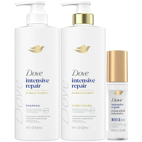 Dove front packaging showing repair set and clear product benefits