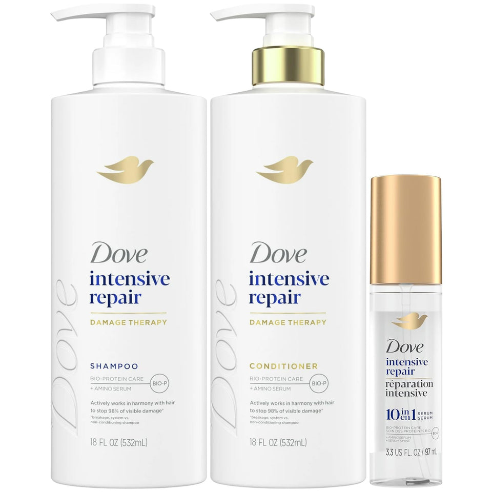Dove front packaging showing repair set and clear product benefits
