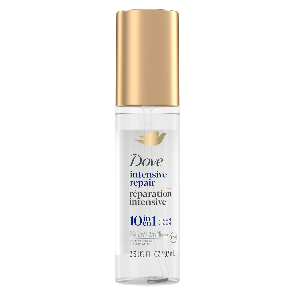 Dove front packaging of Intensive Repair Amino Serum showing bottle benefit