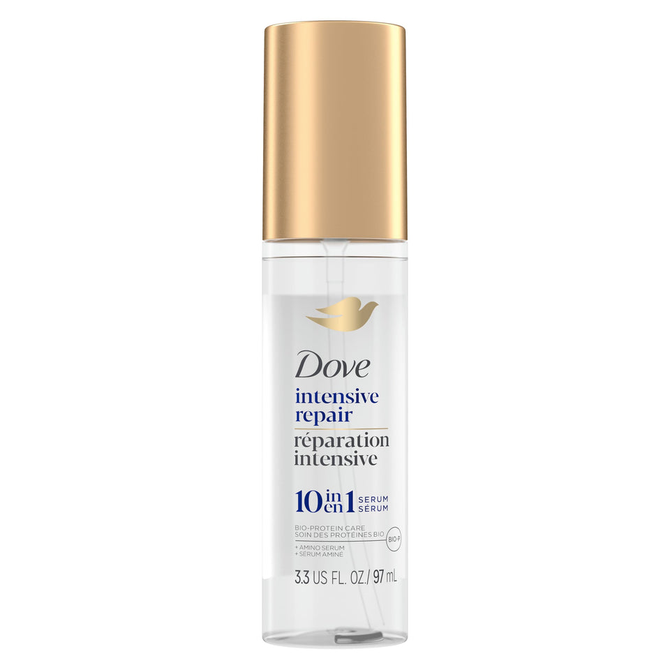 Dove front packaging of Intensive Repair Amino Serum showing bottle benefit