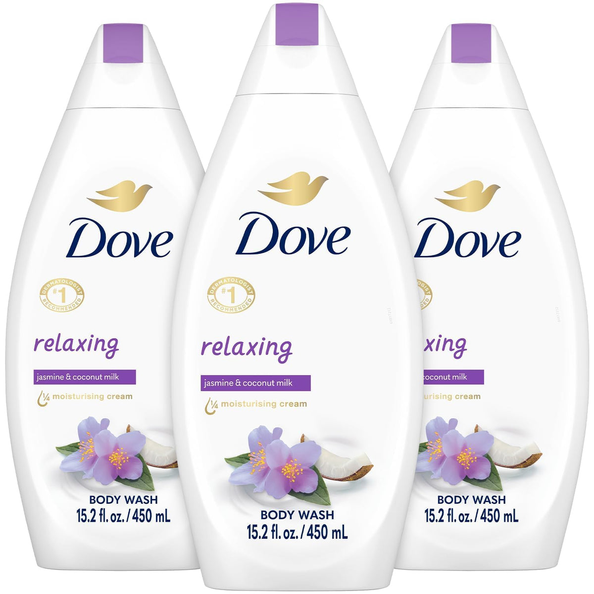 Dove bottle front view showing jasmine and coconut milk scent and moisturizing benefit