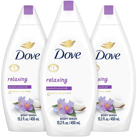 Dove bottle front view showing jasmine and coconut milk scent and moisturizing benefit