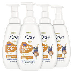 Dove kids coconut cookie front packaging showing bottle and friendly design benefits mild formula