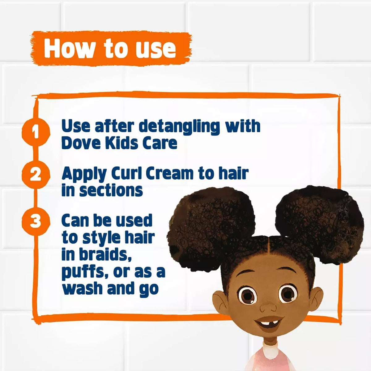 Child applying Dove kids curl cream demonstrating easy styling and reduced frizz