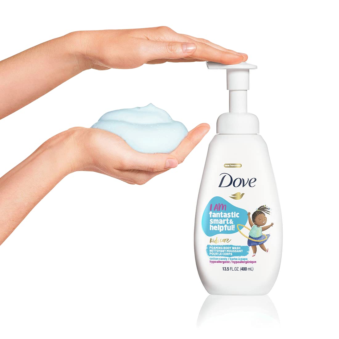 Dove Kids pump in use during child bath demonstrating mess-free application