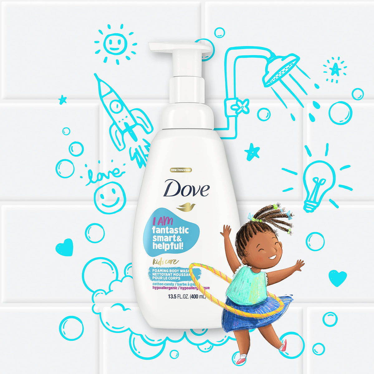 Four Dove Kids bottles side-by-side showing value pack and size scale