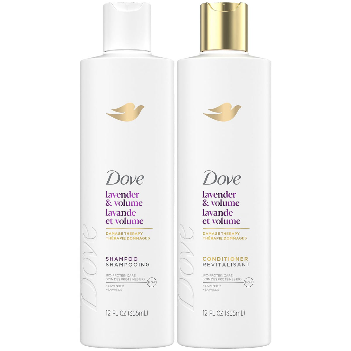 Dove front packaging showing lavender volumizing duo for fuller hair