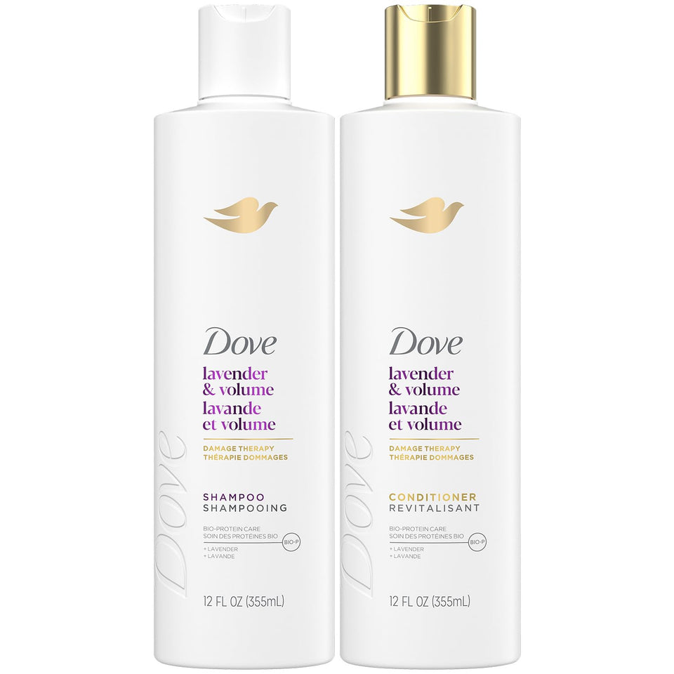 Dove front packaging showing lavender volumizing duo for fuller hair