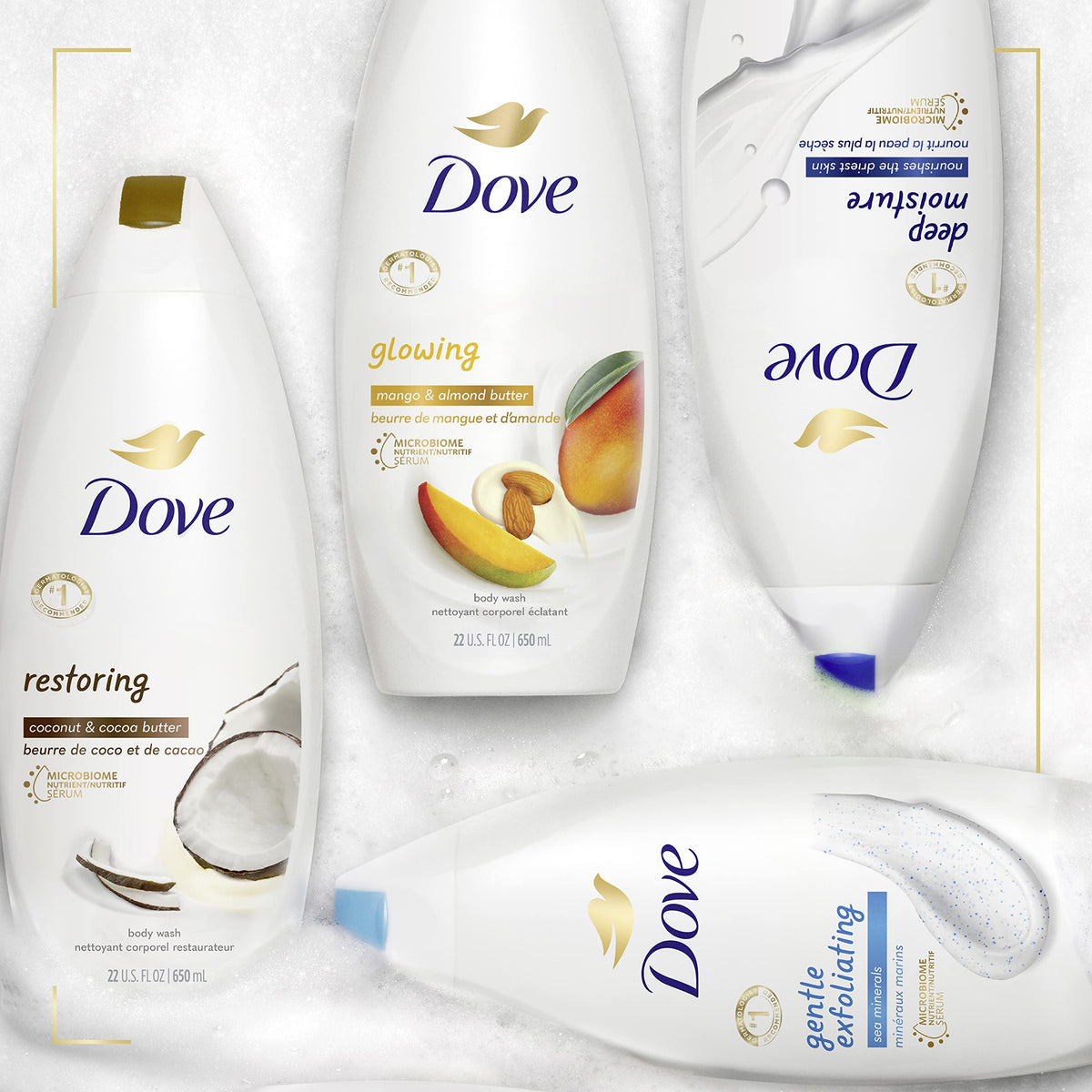 Dove bottle on bathroom shelf in lifestyle setting for everyday indulgence