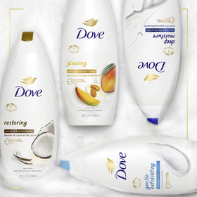 Dove bottle on bathroom shelf in lifestyle setting for everyday indulgence