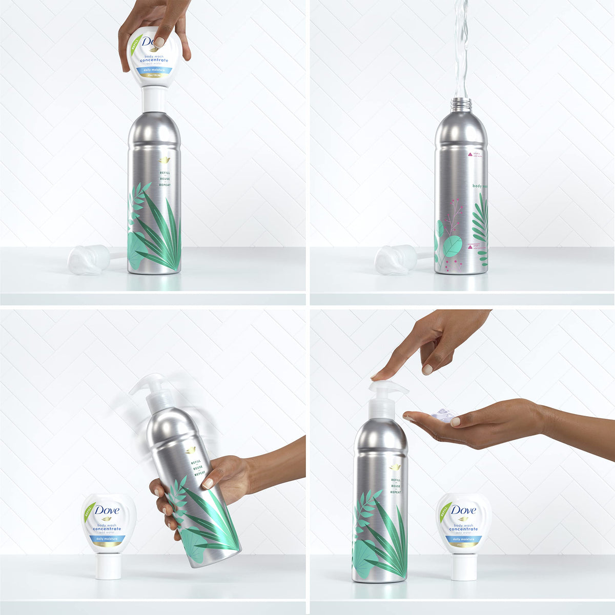 Dove reusable bottle in shower lifestyle shot showing daily moisture benefit