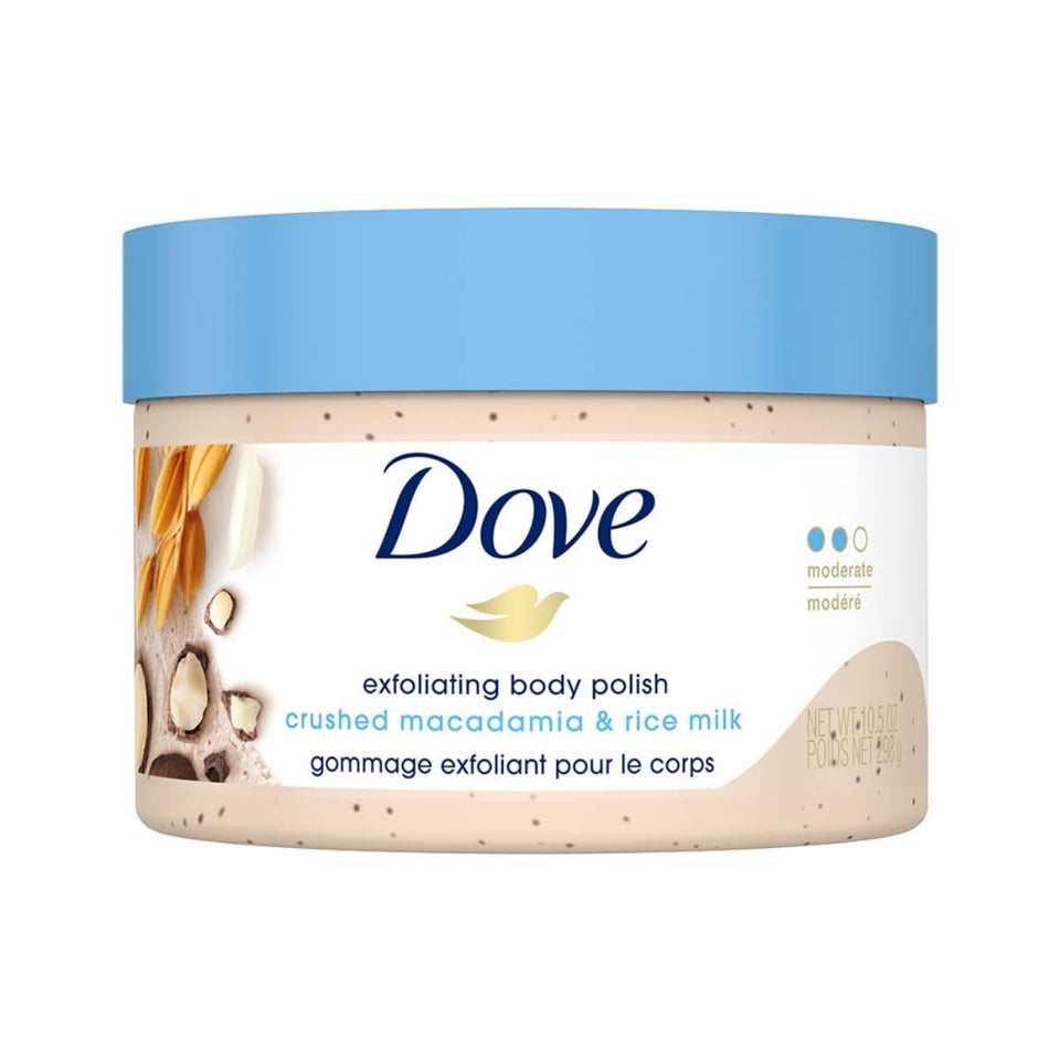 Dove macadamia and rice milk front jar showing product and size benefits