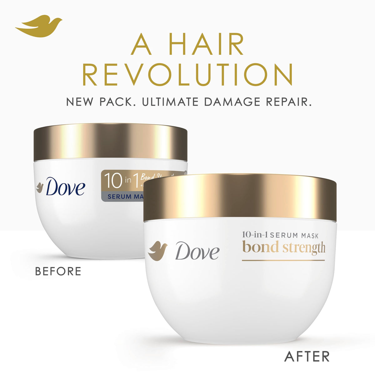 Dove mask on damp hair in hands demonstrating easy application and detangling