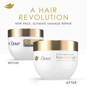 Dove mask on damp hair in hands demonstrating easy application and detangling