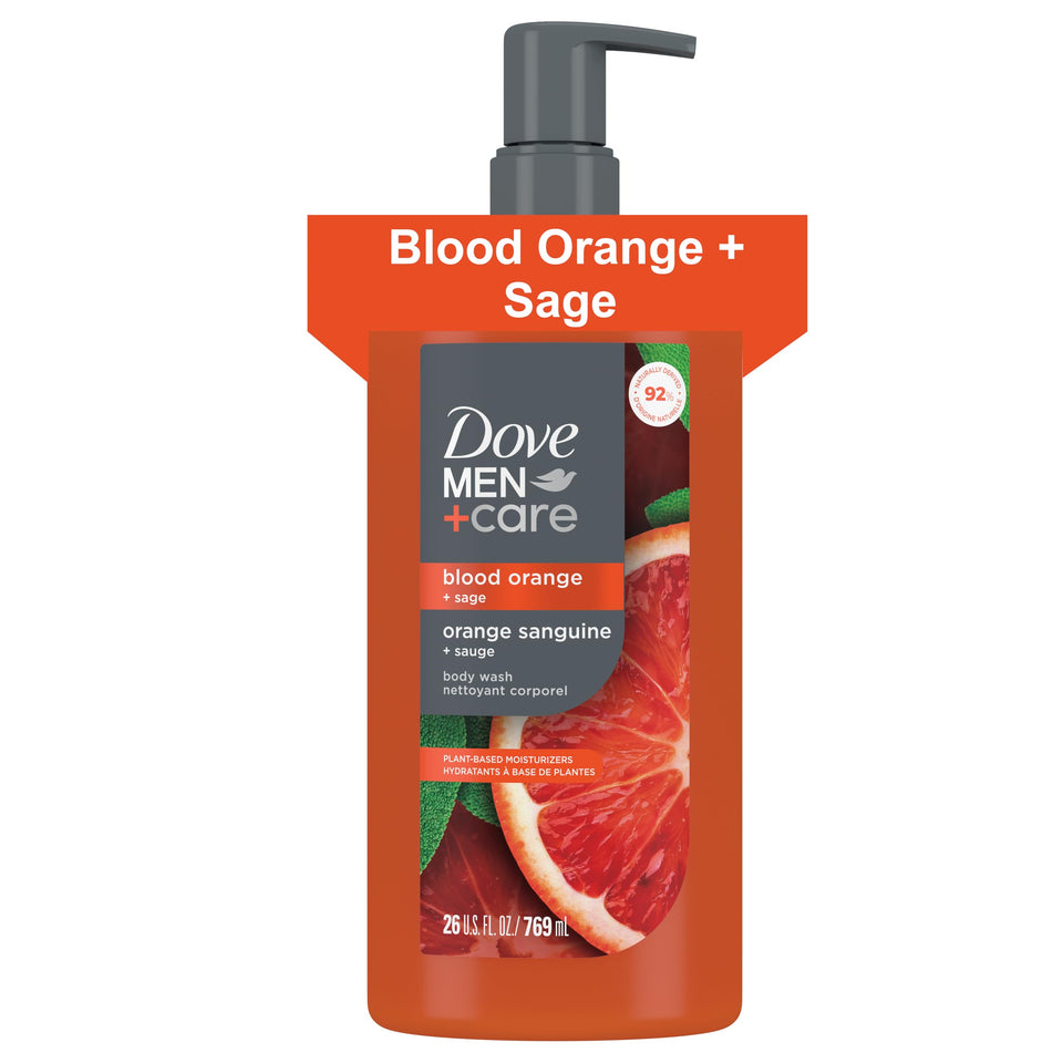 Dove Men+Care front bottle view showing label and scent benefits