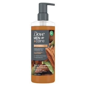 DOVE MEN + CARE front packaging showing sandalwood and cardamom scent and benefit