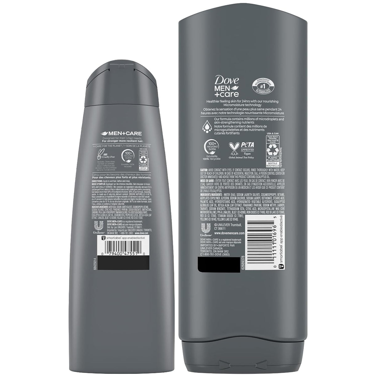 Dove showing front packaging of 2-in-1 shampoo for convenient grooming