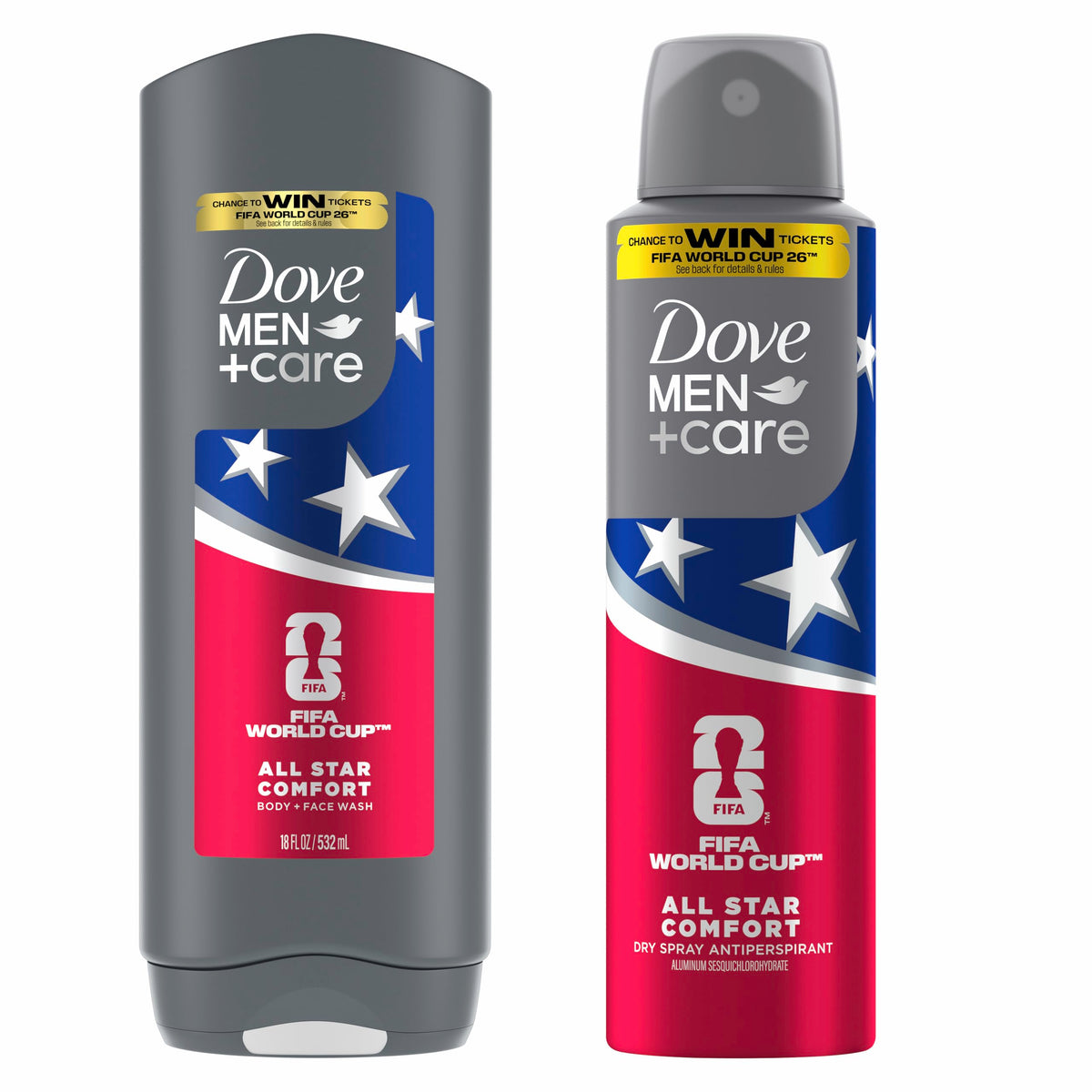 DOVE MEN + CARE front packaging showing limited‑edition FIFA design and contents