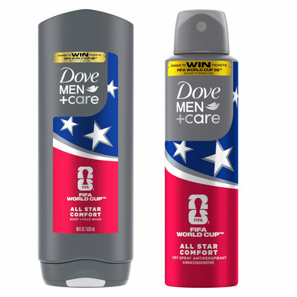 DOVE MEN + CARE front packaging showing limited‑edition FIFA design and contents