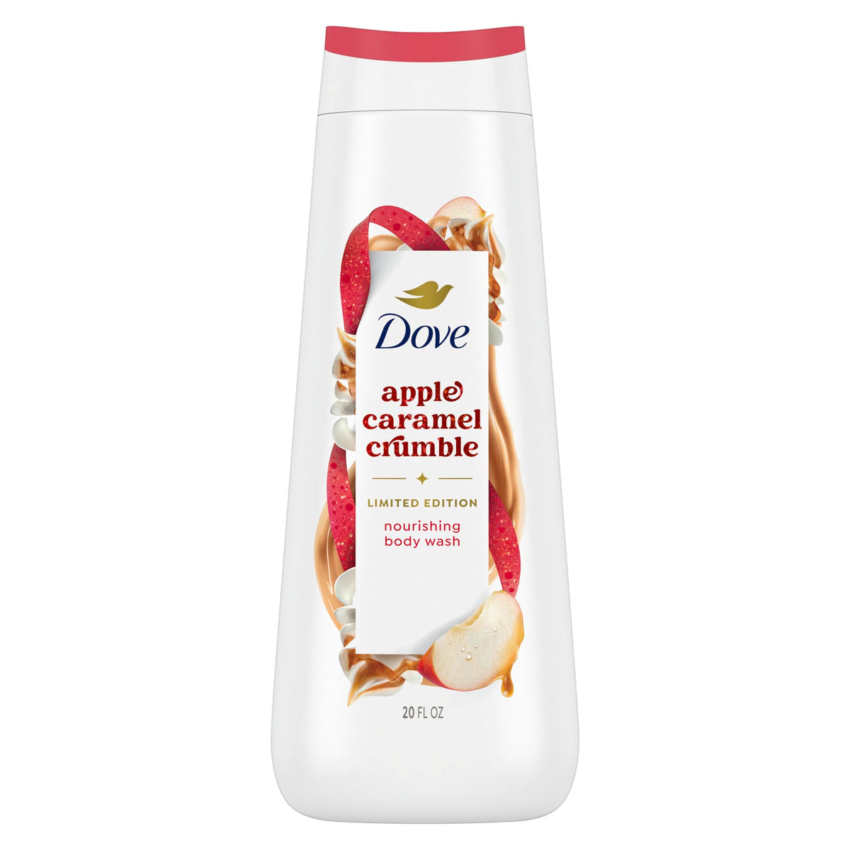 Dove Men+Care front bottle showing holiday apple cider caramel scent and benefit of nourishing lather