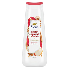 Dove Men+Care front bottle showing holiday apple cider caramel scent and benefit of nourishing lather