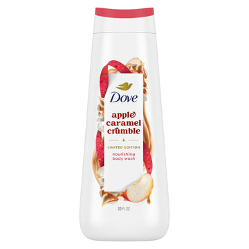 Dove Men+Care front bottle showing holiday apple cider caramel scent and benefit of nourishing lather