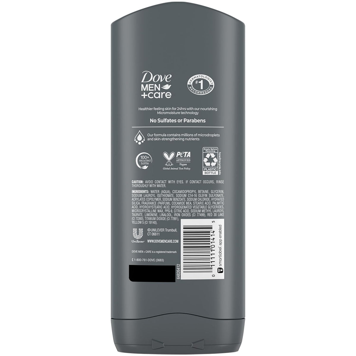 Dove Men+Care back label with ingredients and instructions, clarity for buyers