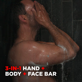 Dove Men+Care bar on shower shelf in lifestyle setting implying daily use