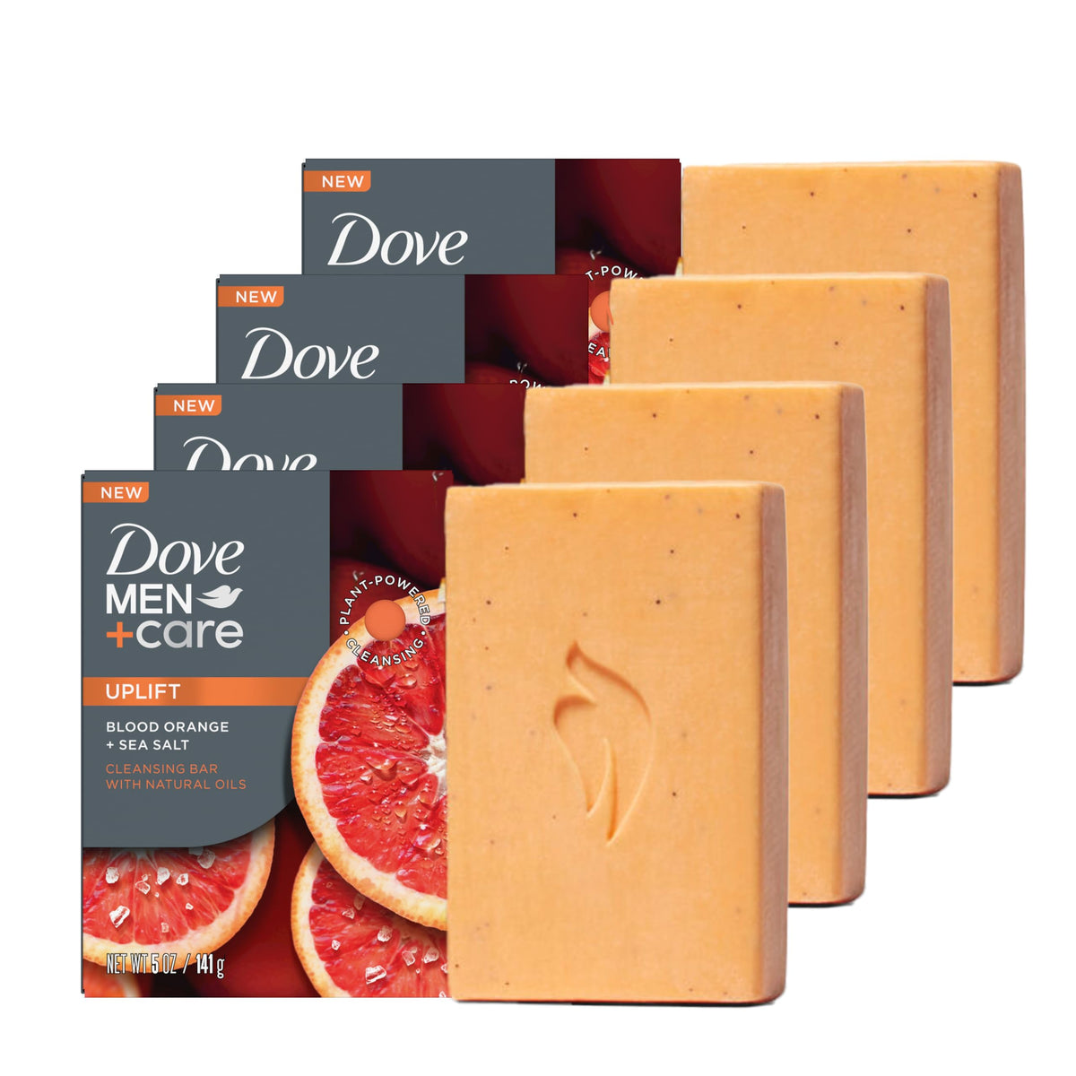 Dove Men+Care front packaging shows four bars and scent labels for convenience