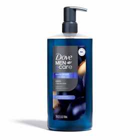 Dove Men+Care bottle on bathroom shelf conveying everyday lifestyle convenience