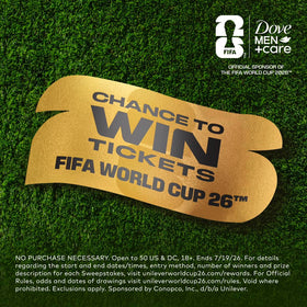 Dove Men+Care bottle label detail highlighting FIFA World Cup 2026 logo and QR code benefit