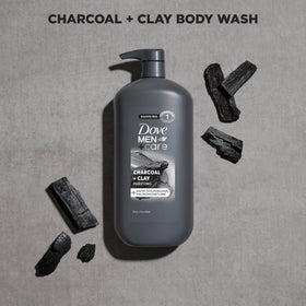DOVE MEN + CARE label on 100% recycled plastic bottle highlighting sustainability