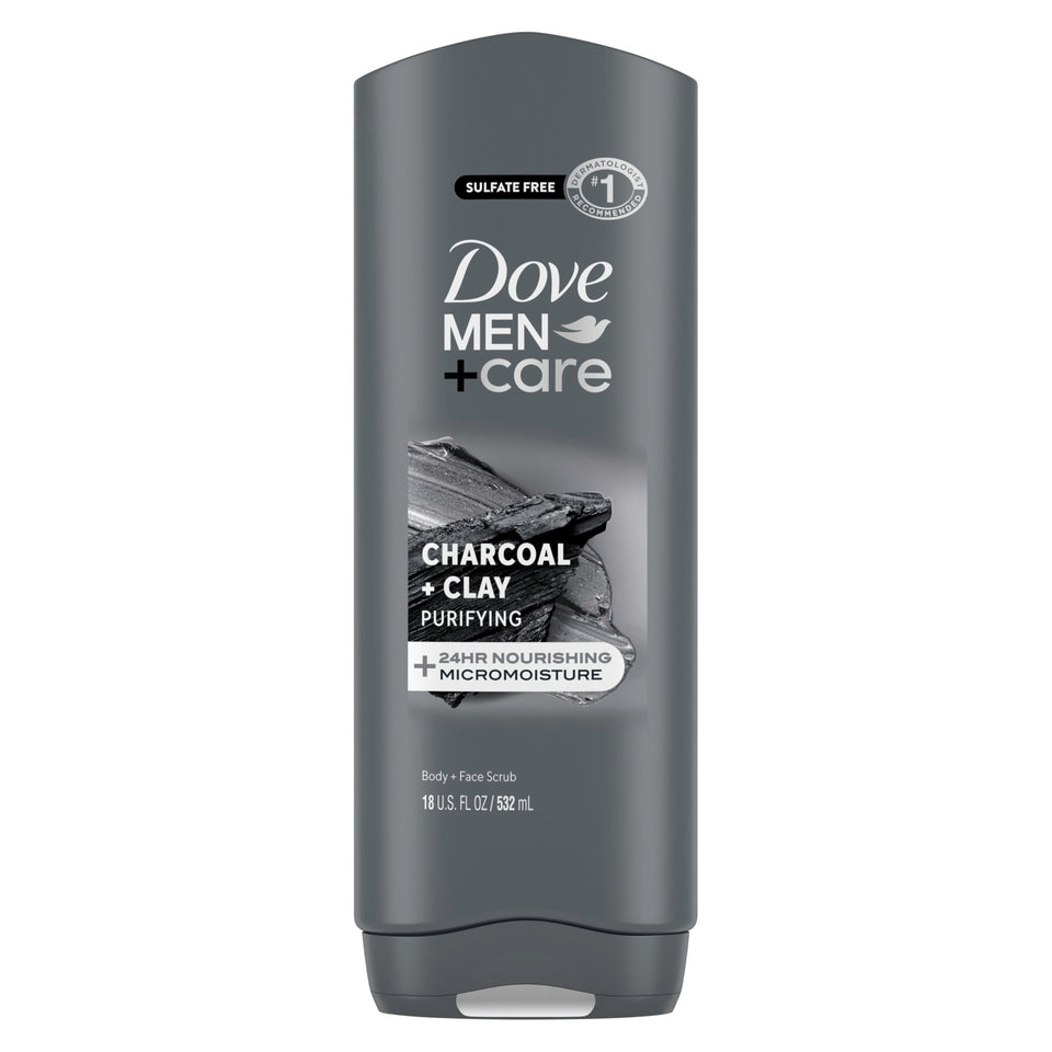 DOVE MEN + CARE front packaging showing charcoal clay benefits