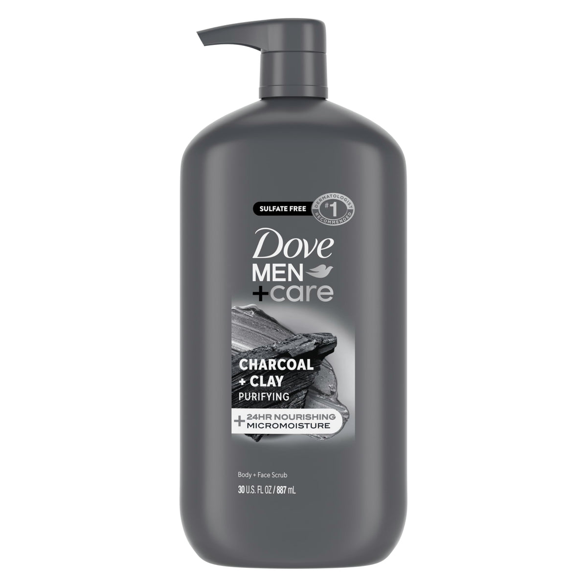 DOVE MEN + CARE front packaging showing charcoal + clay benefits