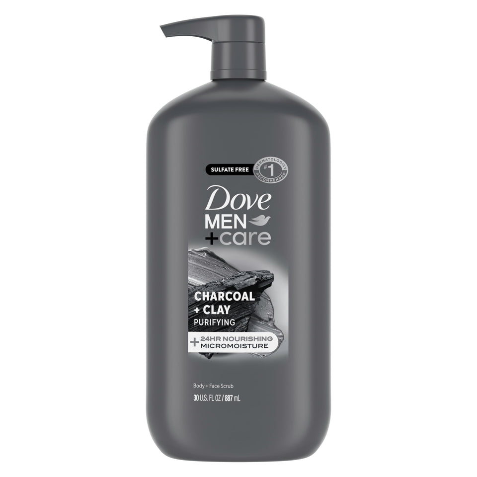 DOVE MEN + CARE front packaging showing charcoal + clay benefits